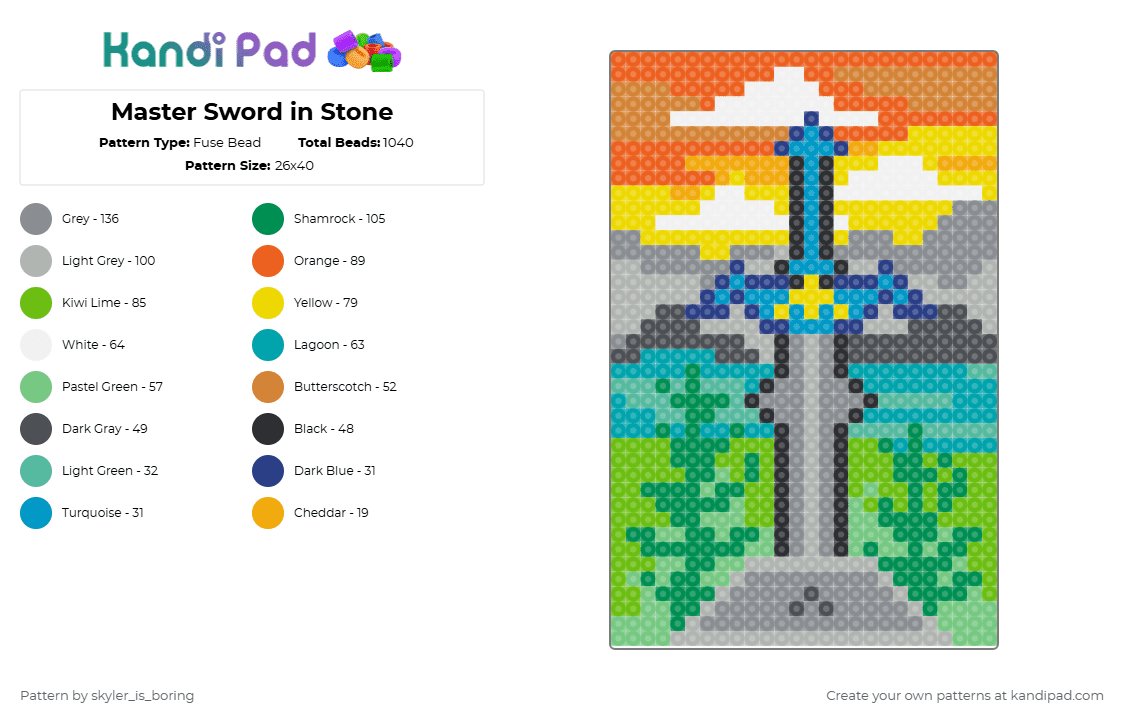 Master Sword in Stone - Fuse Bead Pattern by skyler_is_boring on Kandi Pad - orange,gray,teal,green,legend of zelda,nintendo,master sword