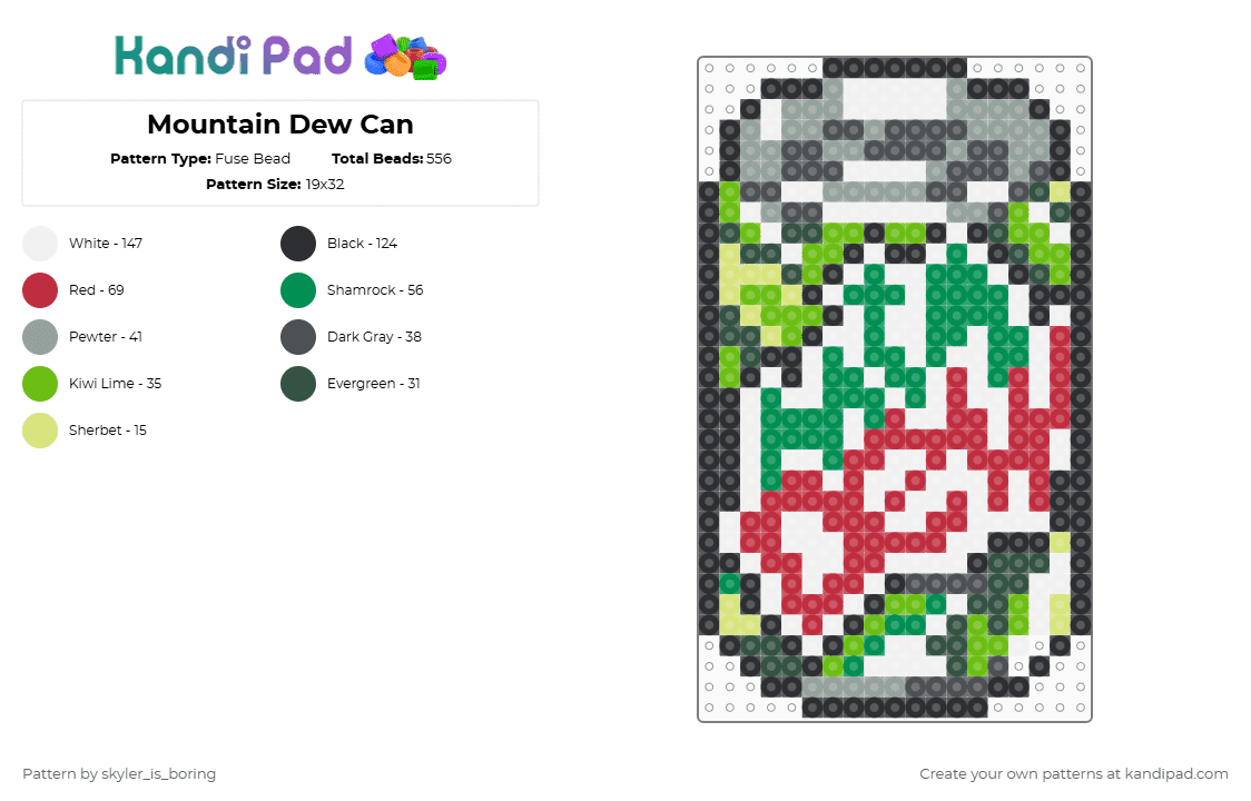 Mountain Dew Can - Fuse Bead Pattern by skyler_is_boring on Kandi Pad - gray,green,red,soda,mountain dew,mtn dew,pop