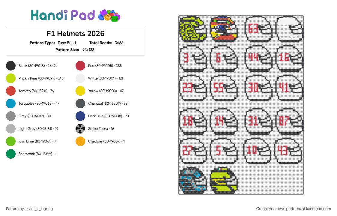 F1 Helmets 2026 - Fuse Bead Pattern by skyler_is_boring on Kandi Pad - black, f1, formula 1, formula one, green, motorsport, racing, red