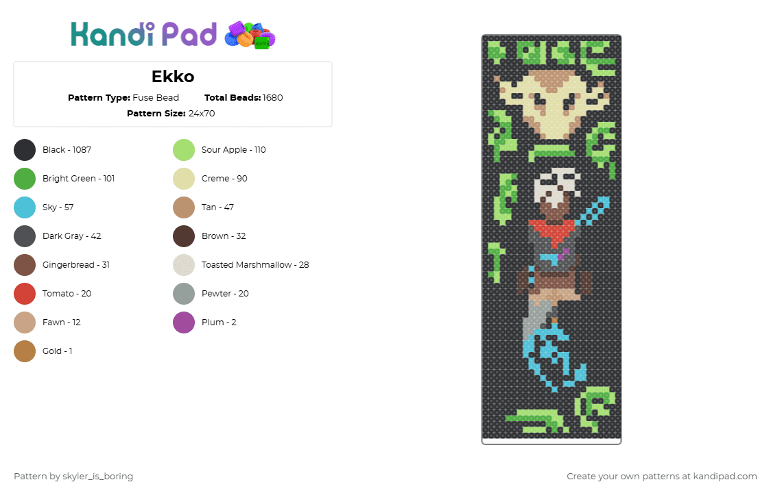 Ekko - Fuse Bead Pattern by skyler_is_boring on Kandi Pad - black,green,gray,colorful,arcane,league of legends