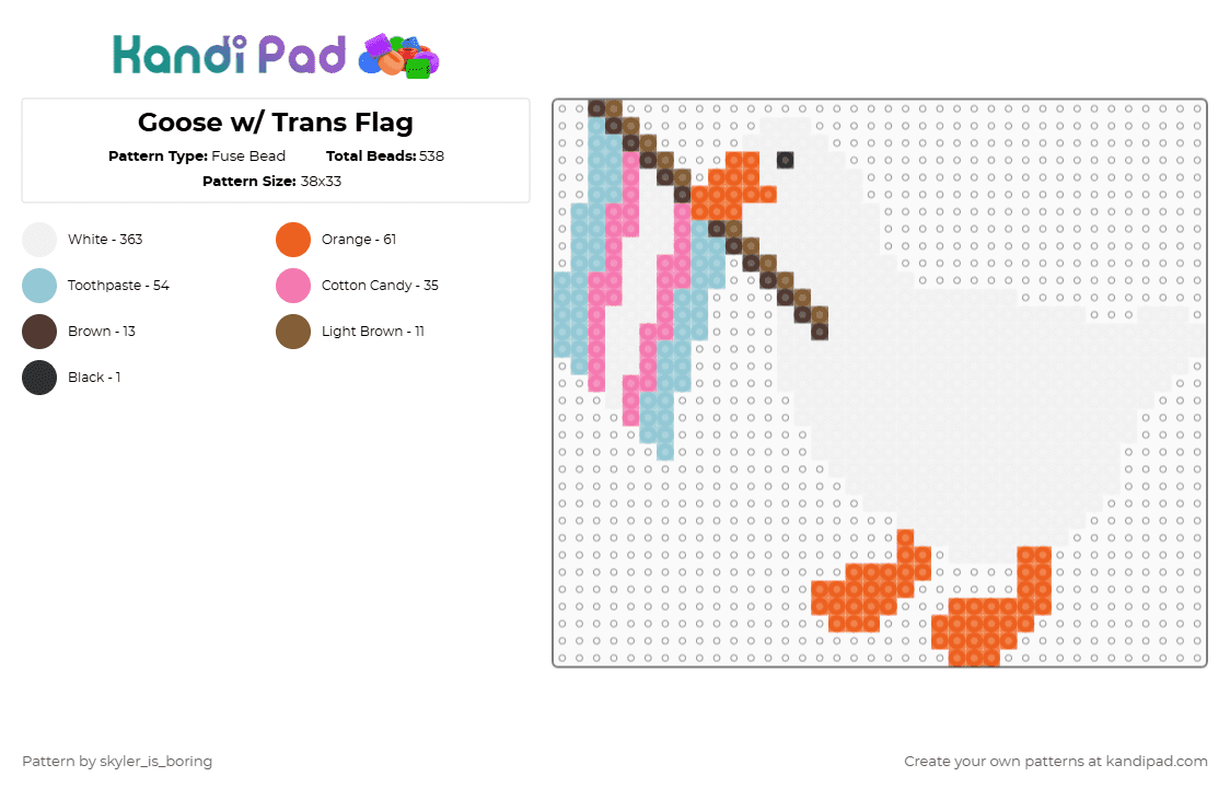 Goose w/ Trans Flag - Fuse Bead Pattern by skyler_is_boring on Kandi Pad - white,orange,light blue,pink,lgbtq,trans,transgender,goose
