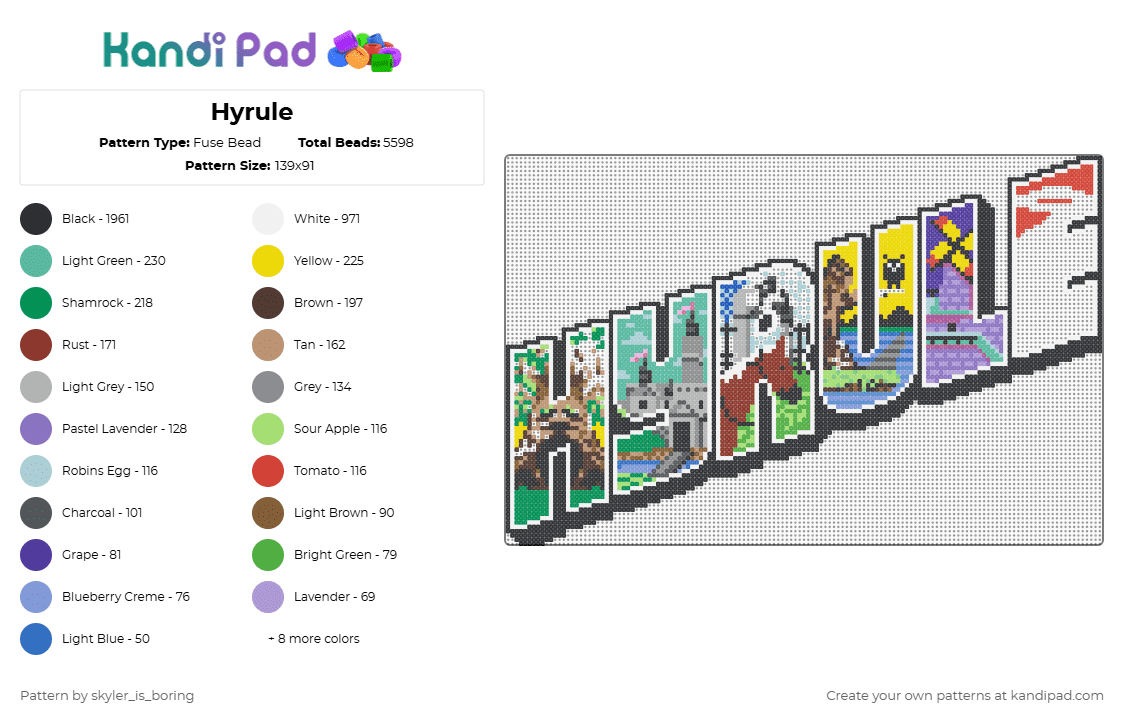 Hyrule - Fuse Bead Pattern by skyler_is_boring on Kandi Pad - green,beige,teal,pink,red,colorful,nintendo,legend of zelda