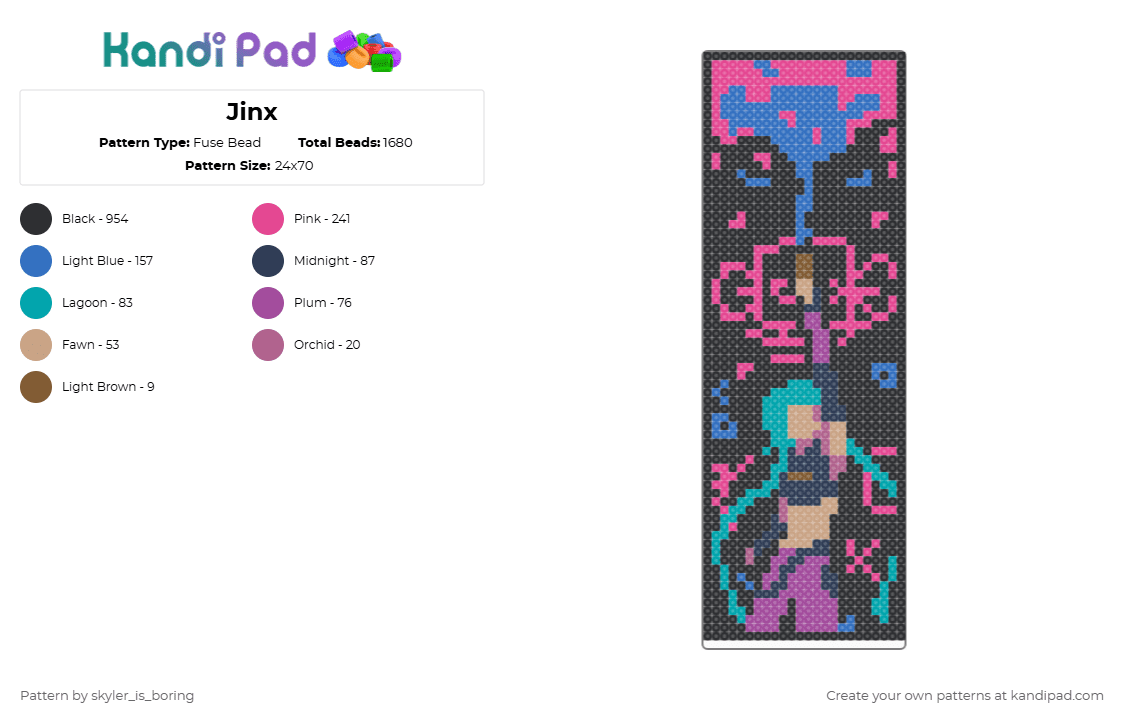 Jinx - Fuse Bead Pattern by skyler_is_boring on Kandi Pad - black,pink,blue,jinx,ancane,league of legends