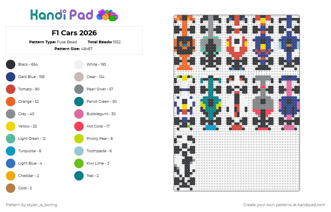 F1 Cars 2026 - Fuse Bead Pattern by skyler_is_boring on Kandi Pad - black,red,beige,teal,blue,colorful,formula 1,f1,formula one,motorsport,race cars