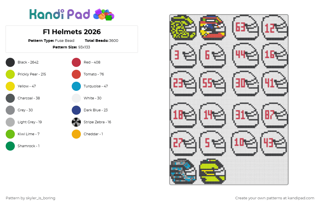 F1 Helmets 2026 - Fuse Bead Pattern by skyler_is_boring on Kandi Pad - black,red,green,f1,formula 1,formula one,motorsport,racing