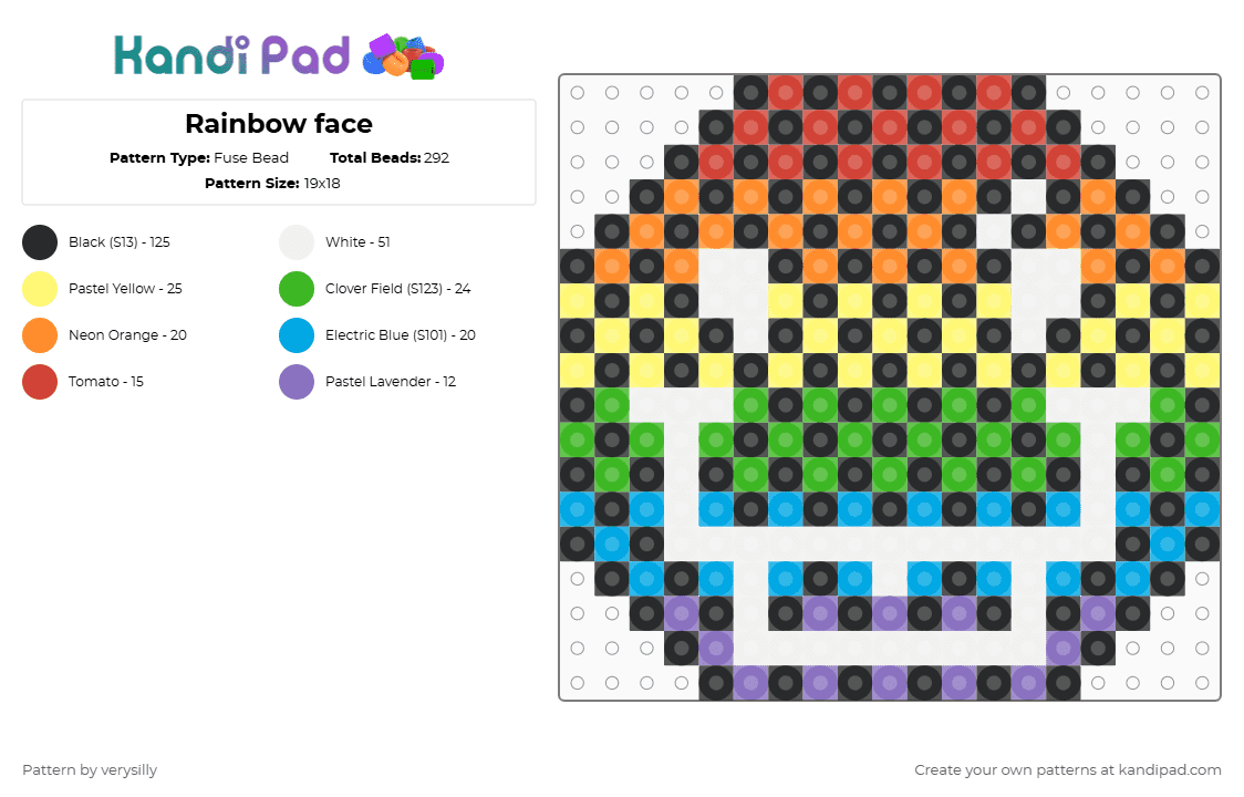 Rainbow face - Fuse Bead Pattern by verysilly on Kandi Pad - black,yellow,light blue,colorful,cotdrainbows
