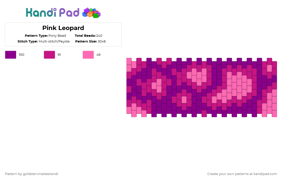 Pink Leopard - Pony Bead Pattern by goldstervmakeskandi on Kandi Pad - pink,leopardprint,animal,purple,y2k,scene