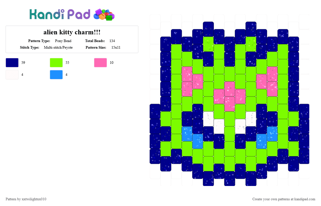 alien kitty charm!!! - Pony Bead Pattern by xxtwilightxx010 on Kandi Pad - purple,green