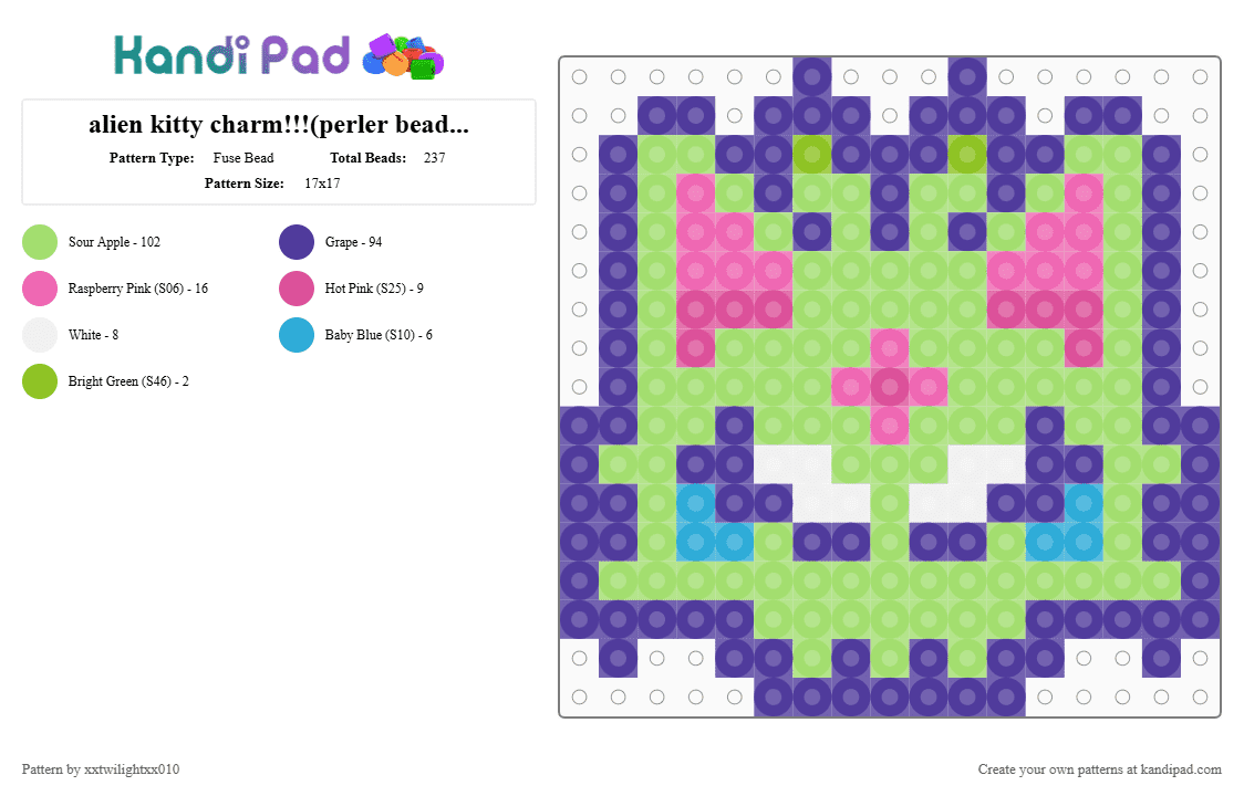 alien kitty charm!!!(perler bead edition) - Fuse Bead Pattern by xxtwilightxx010 on Kandi Pad - green, purple