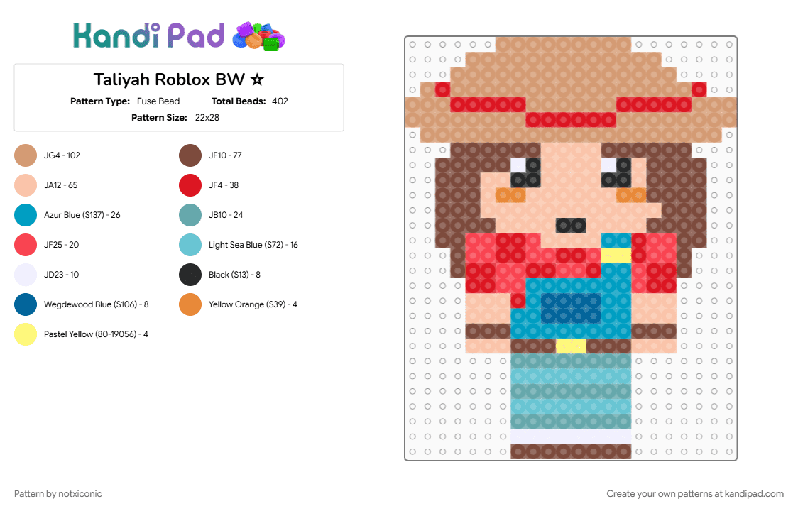 Taliyah Roblox BW ☆ - Fuse Bead Pattern by notxiconic on Kandi Pad - beige, brown, character, red, roblox