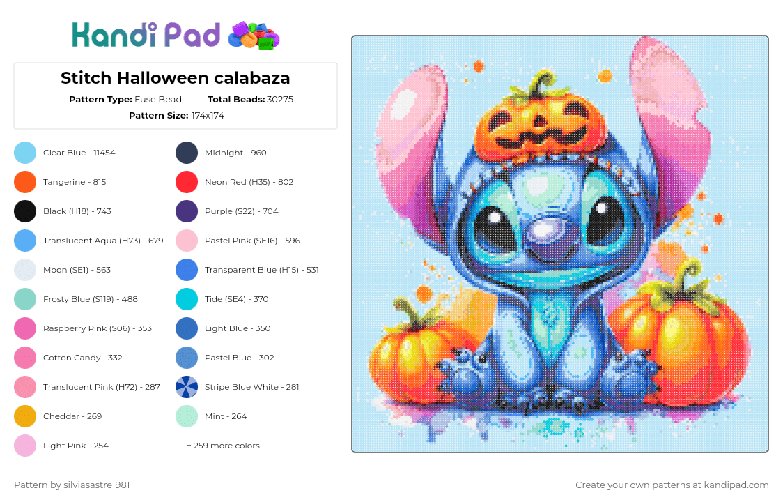 Stitch Halloween calabaza - Fuse Bead Pattern by silviasastre1981 on Kandi Pad - light blue,orange,blue,colorful