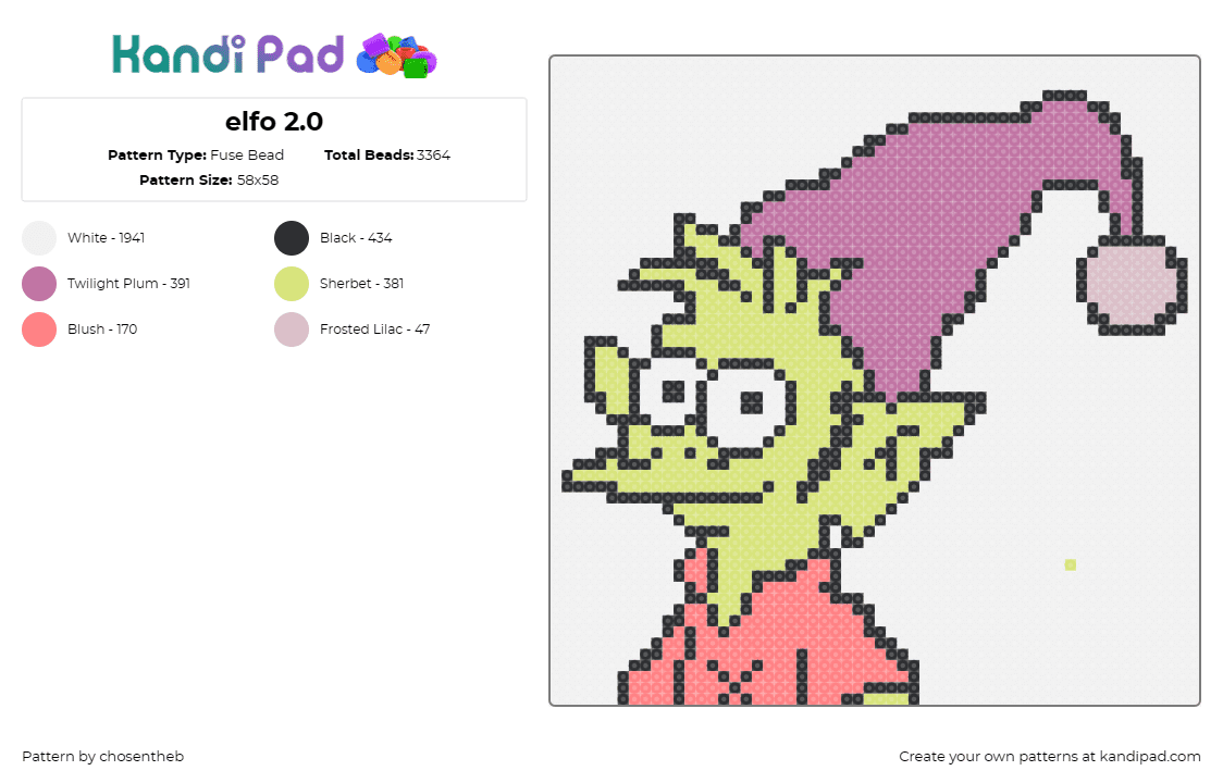 elfo 2.0 - Fuse Bead Pattern by chosentheb on Kandi Pad - elfo,disenchantment,animation,cartoon,tv show,simpsons,character,hat,pink,green