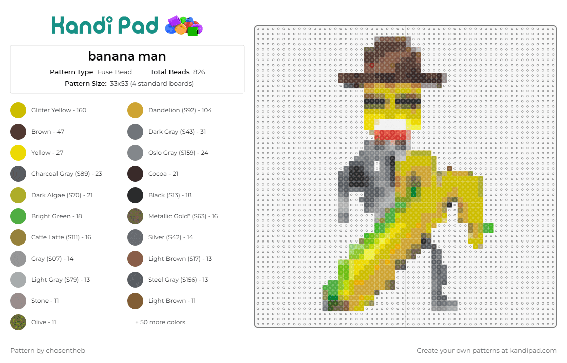 banana man - Fuse Bead Pattern by chosentheb on Kandi Pad - banana,fruit,cowboy,whimsical,wild west,charm,funny,character,quirky,yellow