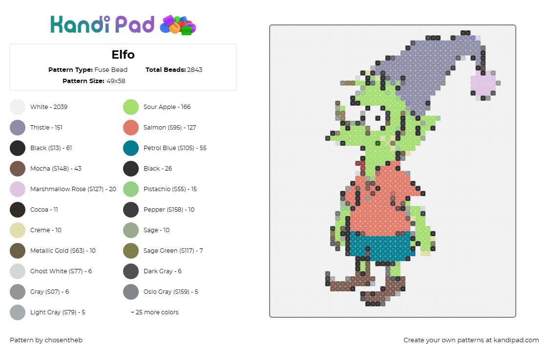 Elfo - Fuse Bead Pattern by chosentheb on Kandi Pad - elfo,disenchantment,character,tv show,cartoon,funny,green,red