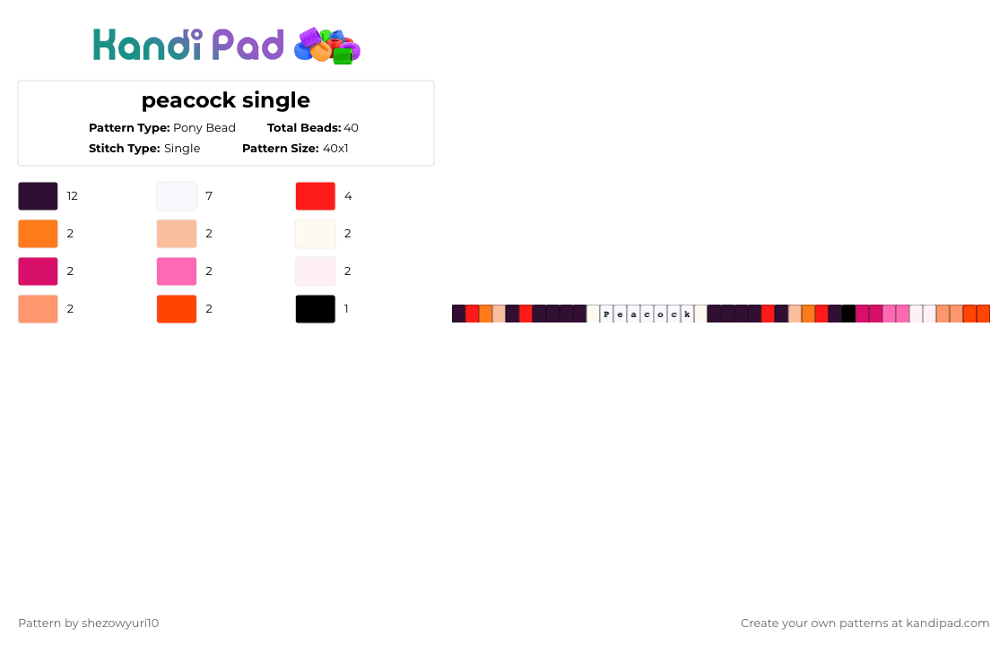 peacock single - Pony Bead Pattern by shezowyuri10 on Kandi Pad - red,orange,pink