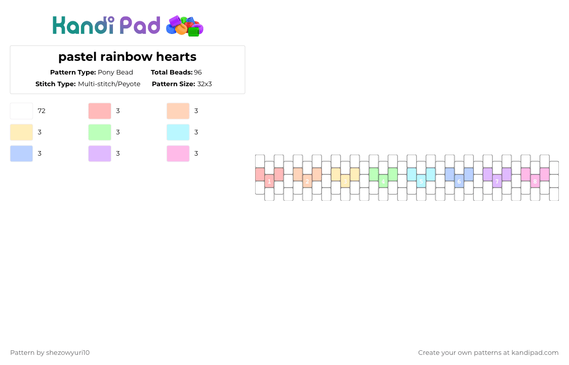 pastel rainbow hearts - Pony Bead Pattern by shezowyuri10 on Kandi Pad - white,beige,light blue,pink,heart,cute,simple,pastel,rainbow