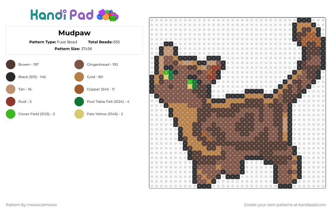 Mudpaw - Fuse Bead Pattern by meowcatmeow on Kandi Pad - tan,brown,flameclan