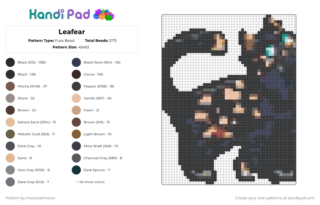 Leafear - Fuse Bead Pattern by meowcatmeow on Kandi Pad - black,beige,brown,gray,colorful,flameclan