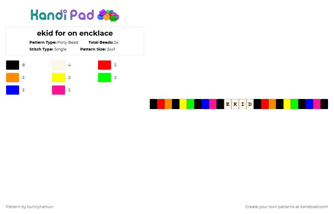 ekid for on encklace - Pony Bead Pattern by bunnyhatluvr on Kandi Pad - orange,green,pink,colorful
