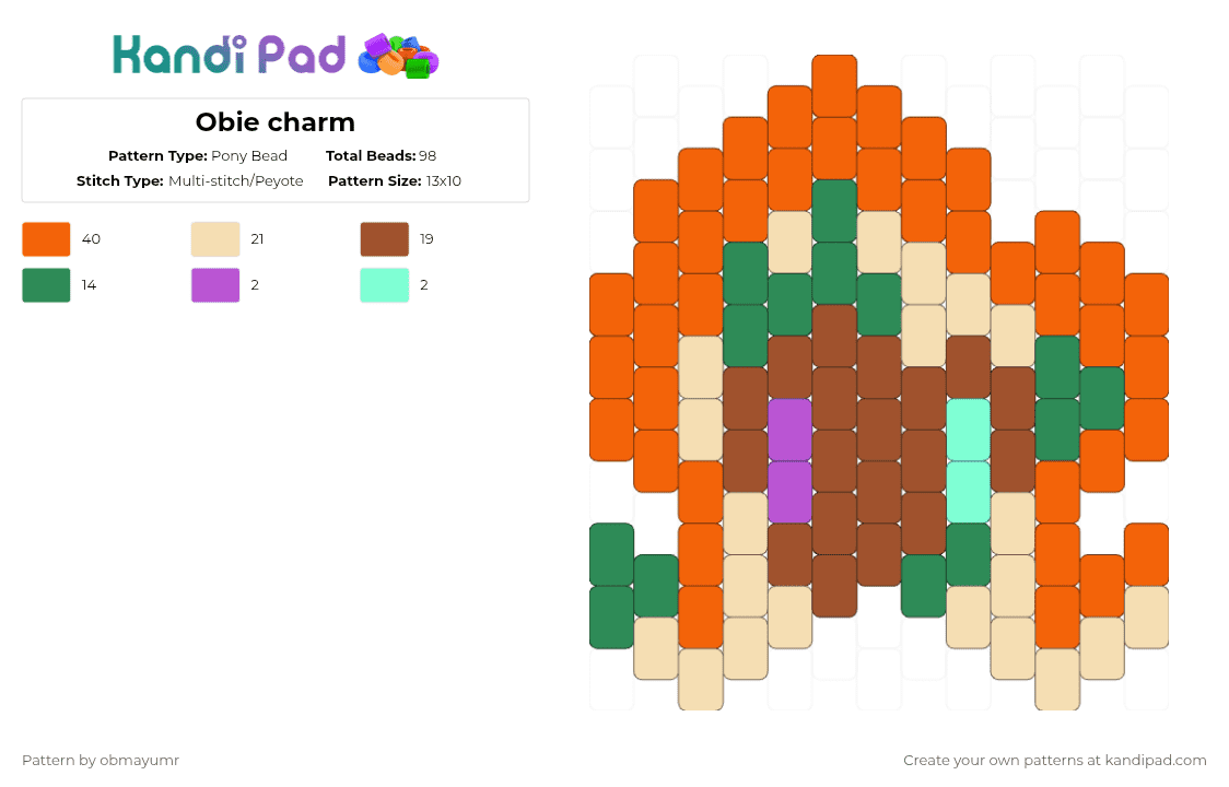 Obie charm - Pony Bead Pattern by obmayumr on Kandi Pad - orange,beige,red