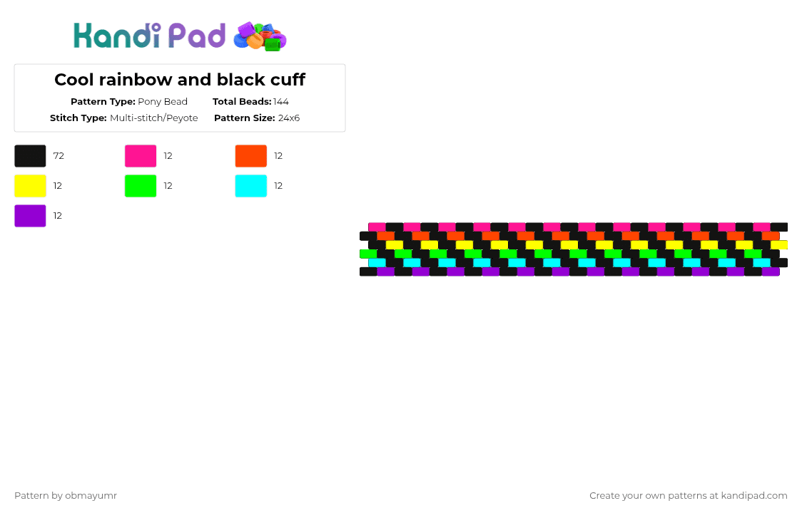 Cool rainbow and black cuff - Pony Bead Pattern by obmayumr on Kandi Pad - black,red,green,purple,colorful,rainbow