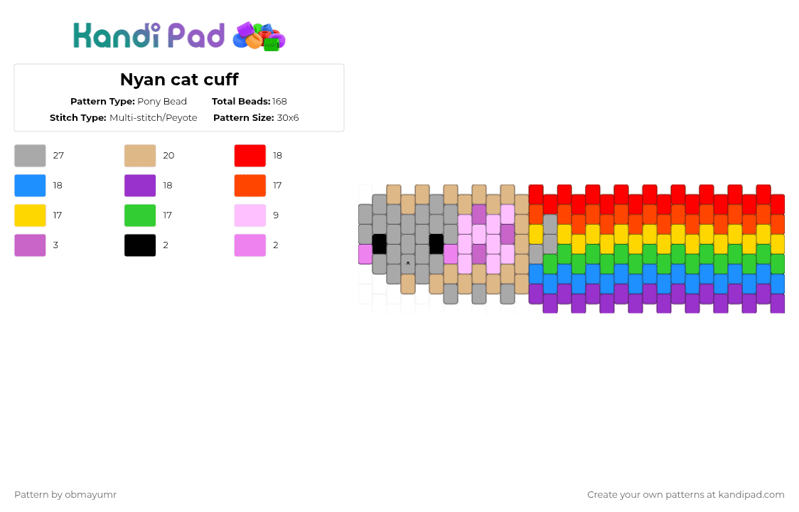 Nyan cat cuff - Pony Bead Pattern by obmayumr on Kandi Pad - beige,red,rainbow,nyan cat,cute