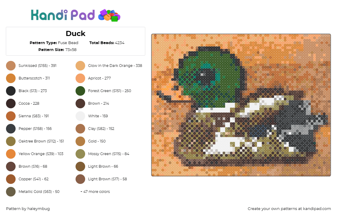 Duck - Fuse Bead Pattern by haleymbug on Kandi Pad - duck,mallard,bird,animal,green,brown