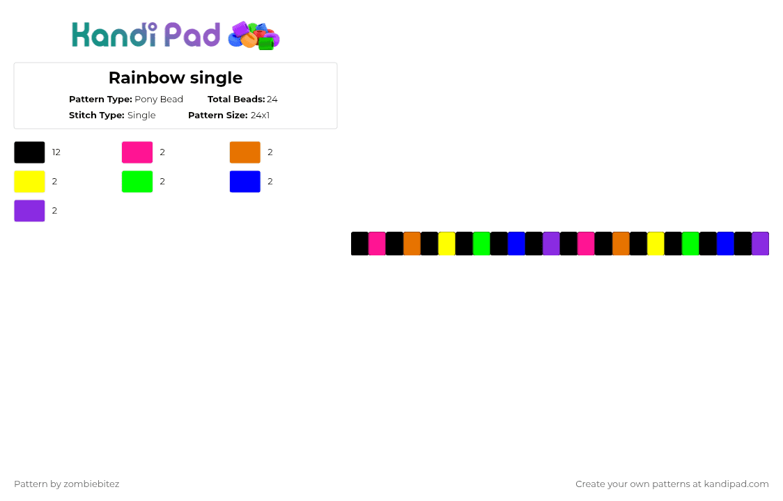 Rainbow single - Pony Bead Pattern by zombiebitez on Kandi Pad - black,purple