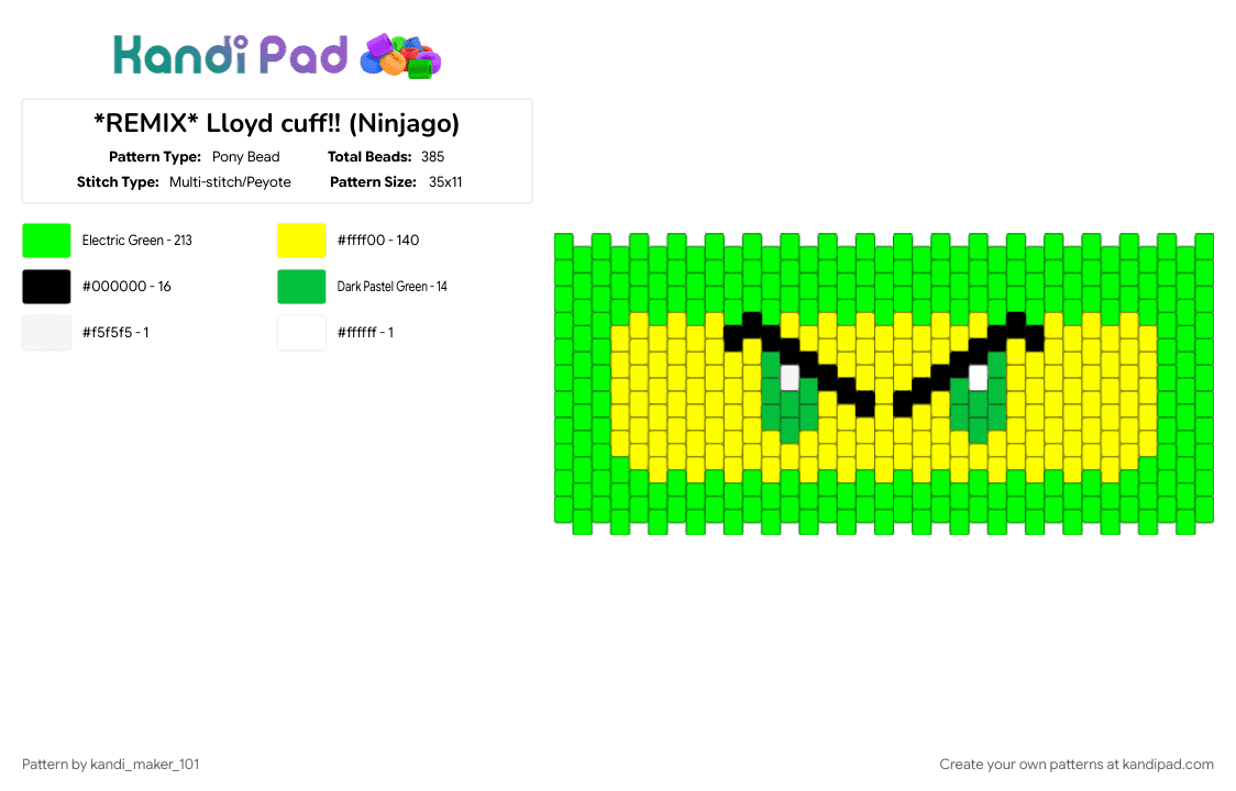 *REMIX* Lloyd cuff!! (Ninjago) - Pony Bead Pattern by kandi_maker_101 on Kandi Pad - green, yellow