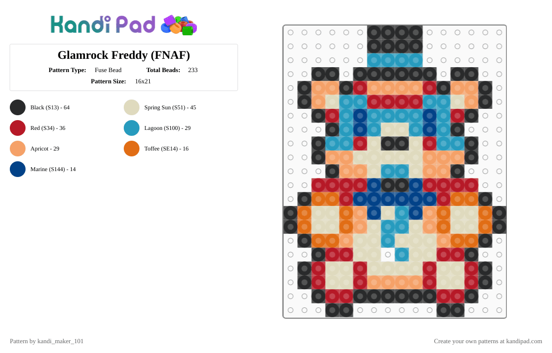 Glamrock Freddy (FNAF) - Fuse Bead Pattern by kandi_maker_101 on Kandi Pad - red,beige,orange