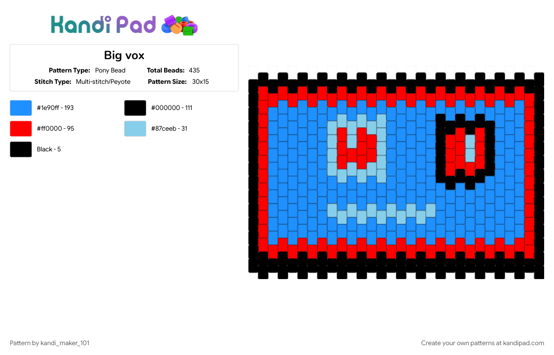Vox panel - Pony Bead Pattern by kandi_maker_101 on Kandi Pad - light blue, red