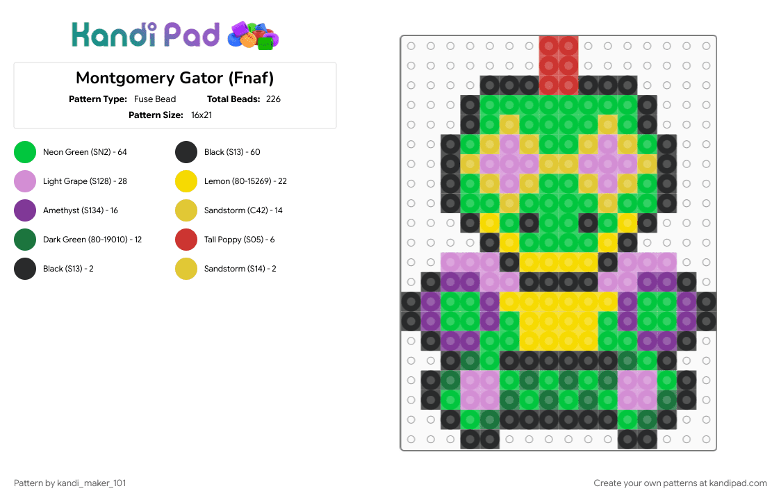 Montgomery Gator (Fnaf) - Fuse Bead Pattern by kandi_maker_101 on Kandi Pad - green, pink