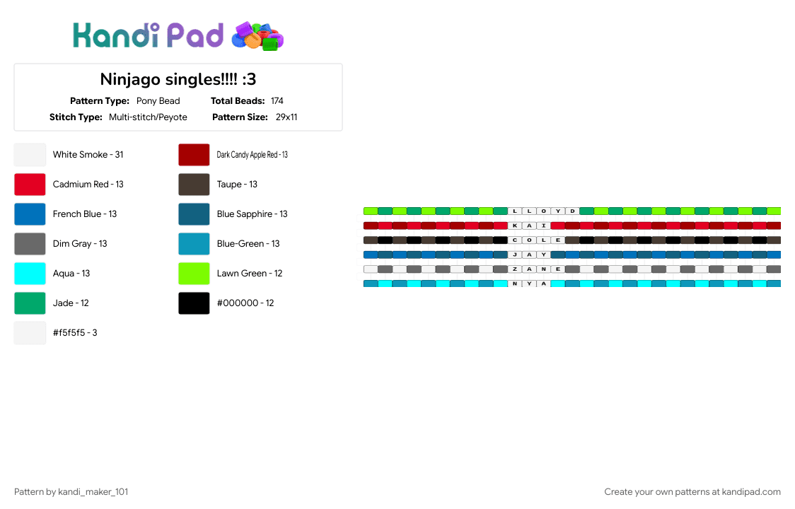 Ninjago singles!!!! :3 - Pony Bead Pattern by kandi_maker_101 on Kandi Pad - blue, green, light blue, red