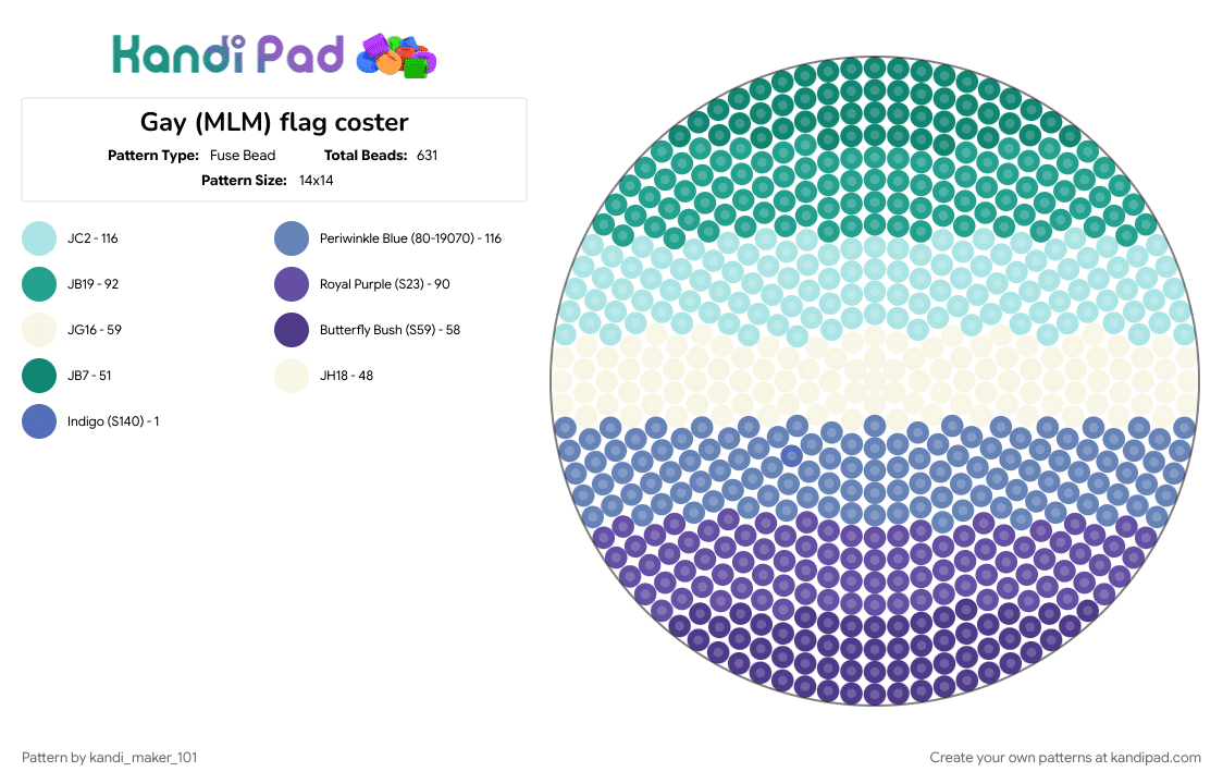 Gay (MLM) flag coster - Fuse Bead Pattern by kandi_maker_101 on Kandi Pad - purple, teal