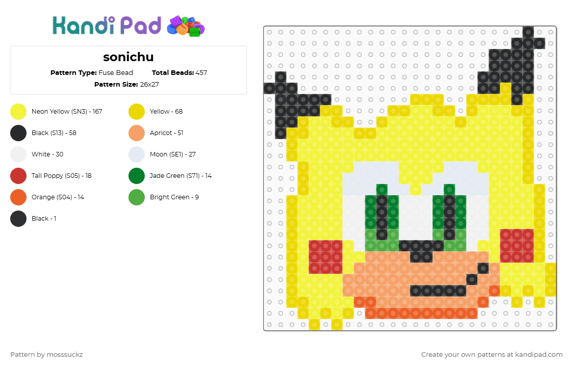 sonichu - Fuse Bead Pattern by mosssuckz on Kandi Pad - sonic,pikachu,mashup,yellow
