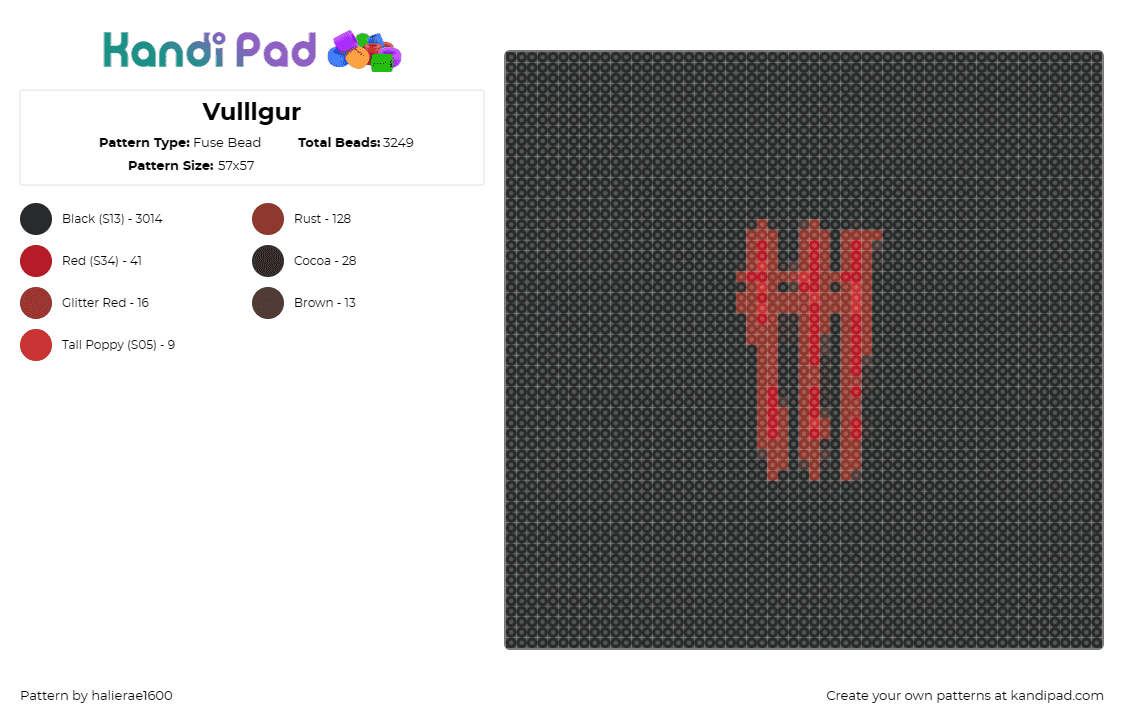 Vulllgur - Fuse Bead Pattern by halierae1600 on Kandi Pad - vulllgur,music,edm,dj,dubstep,logo,red,black background,musical,audio,beat,rhyth