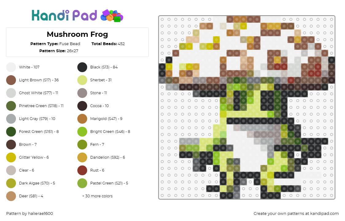 Mushroom Frog - Fuse Bead Pattern by halierae1600 on Kandi Pad - mushroom,frog,animal,ai,woodland,nature,amphibian,fantasy,whimsical,green,brown