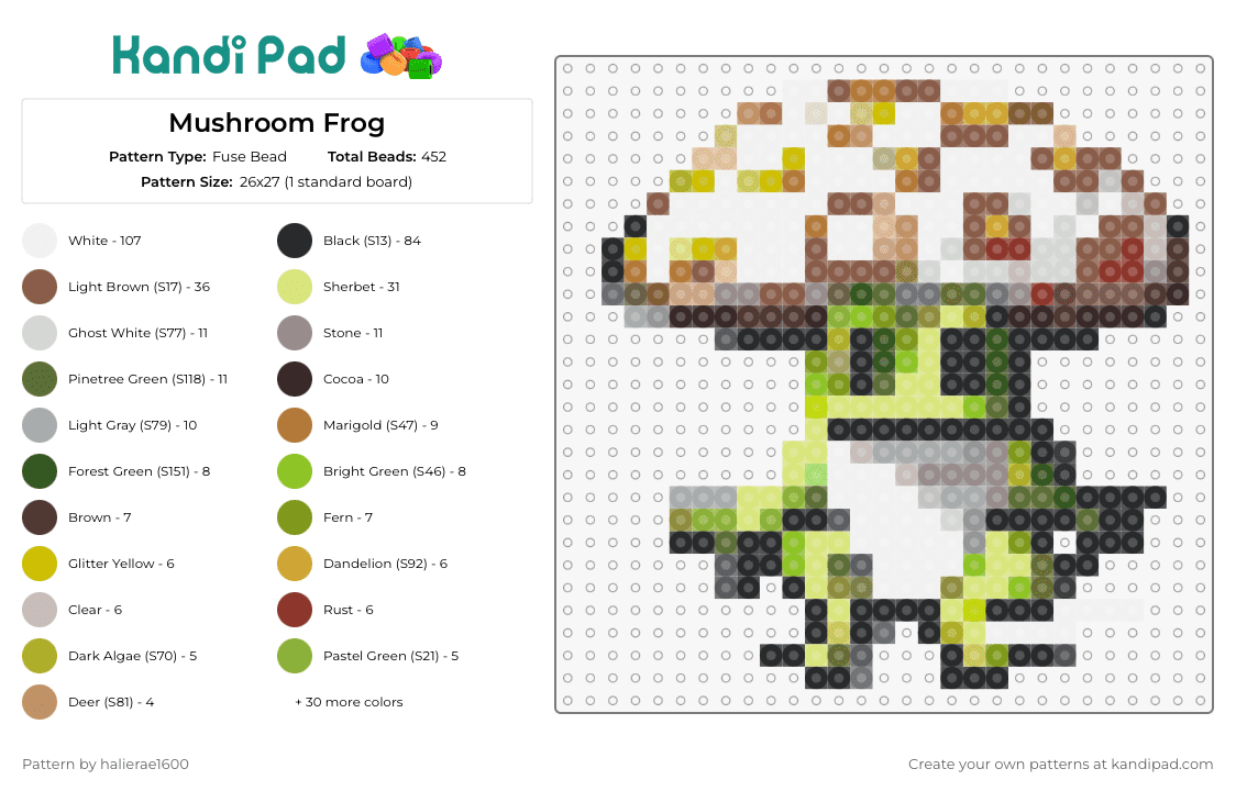 Mushroom Frog - Fuse Bead Pattern by halierae1600 on Kandi Pad - mushroom,frog,animal,ai,woodland,nature,amphibian,fantasy,whimsical,green,brown