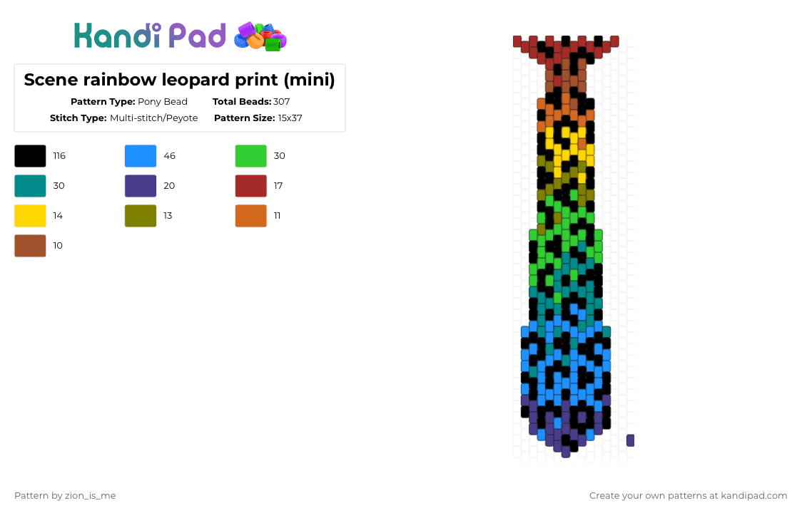 Scene rainbow leopard print (mini) - Pony Bead Pattern by zion_is_me on Kandi Pad - red,green,teal,light blue