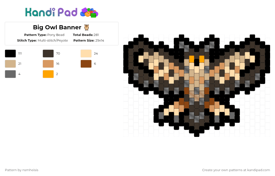 Big Owl Banner 🦉 - Pony Bead Pattern by nsmheisis on Kandi Pad - black,brown,beige
