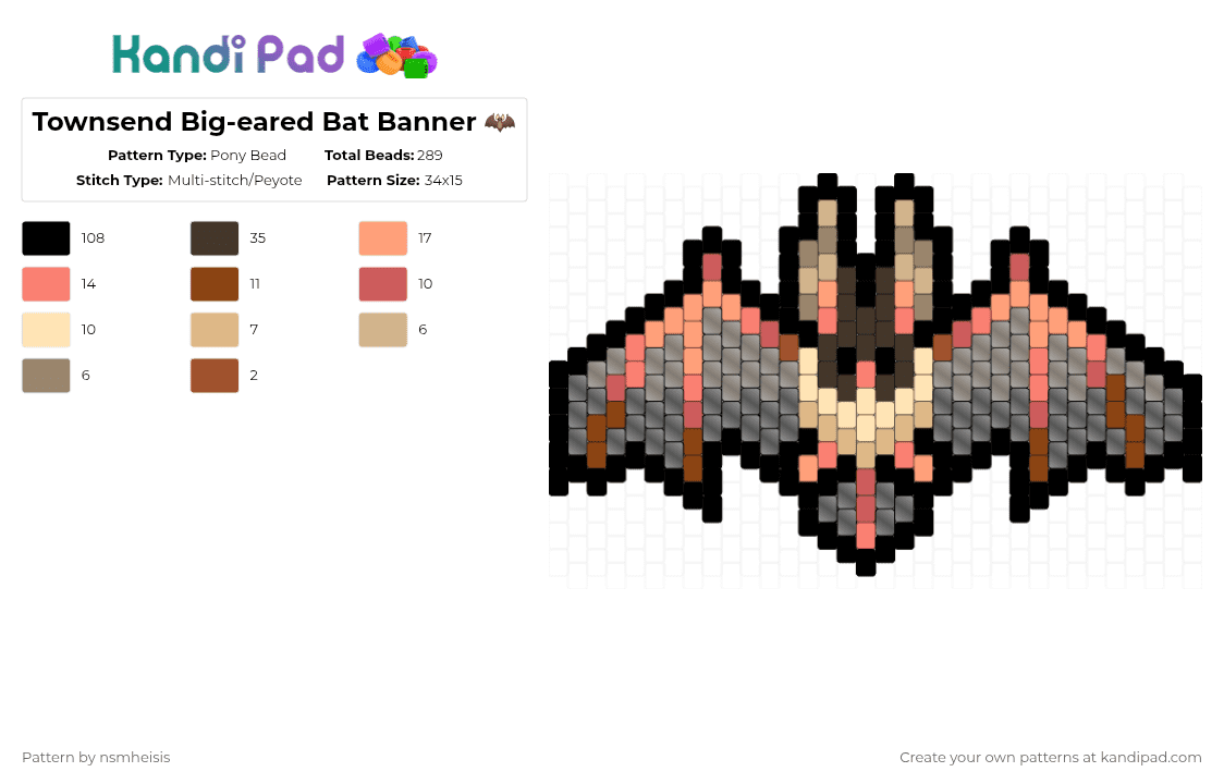 Townsend Big-eared Bat Banner 🦇 - Pony Bead Pattern by nsmheisis on Kandi Pad - black,orange,brown