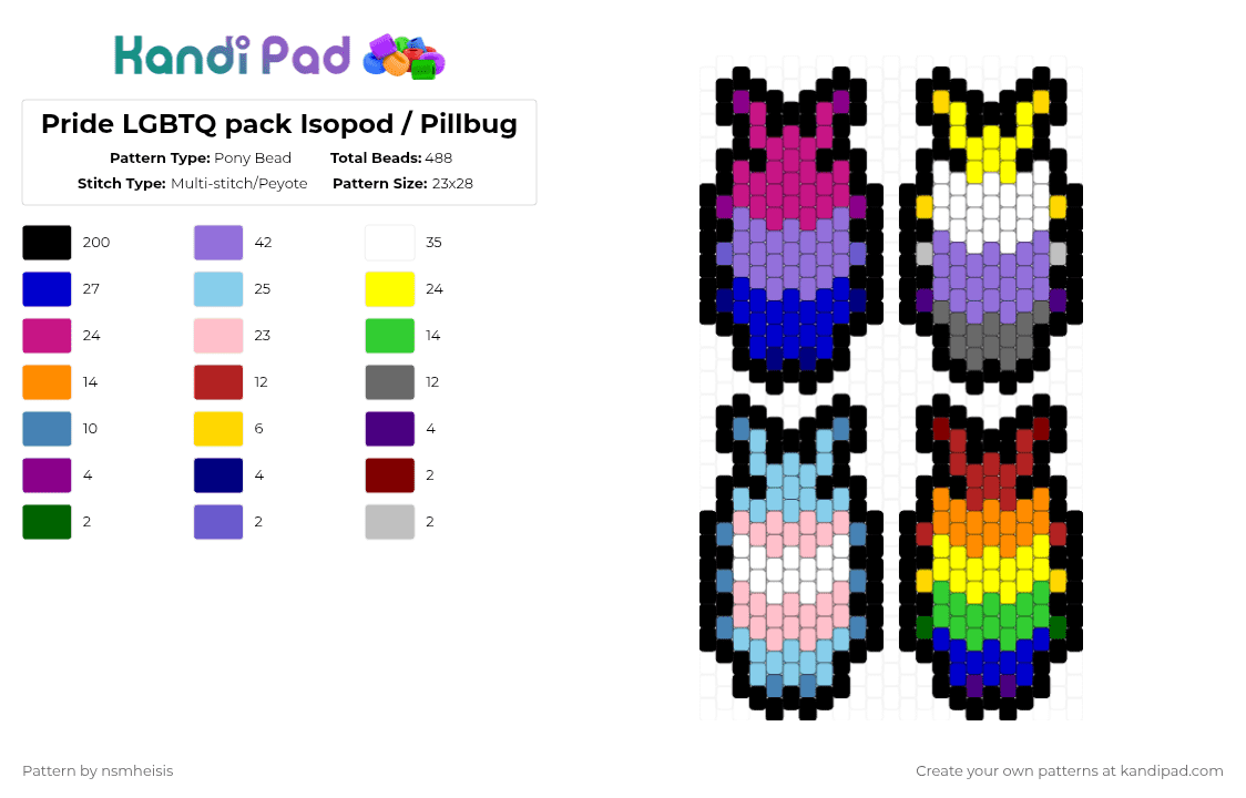 Pride LGBTQ pack Isopod / Pillbug - Pony Bead Pattern by nsmheisis on Kandi Pad - black,pink,purple,yellow,colorful