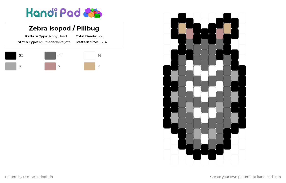 Zebra Isopod / Pillbug - Pony Bead Pattern by nsmheisis on Kandi Pad - gray