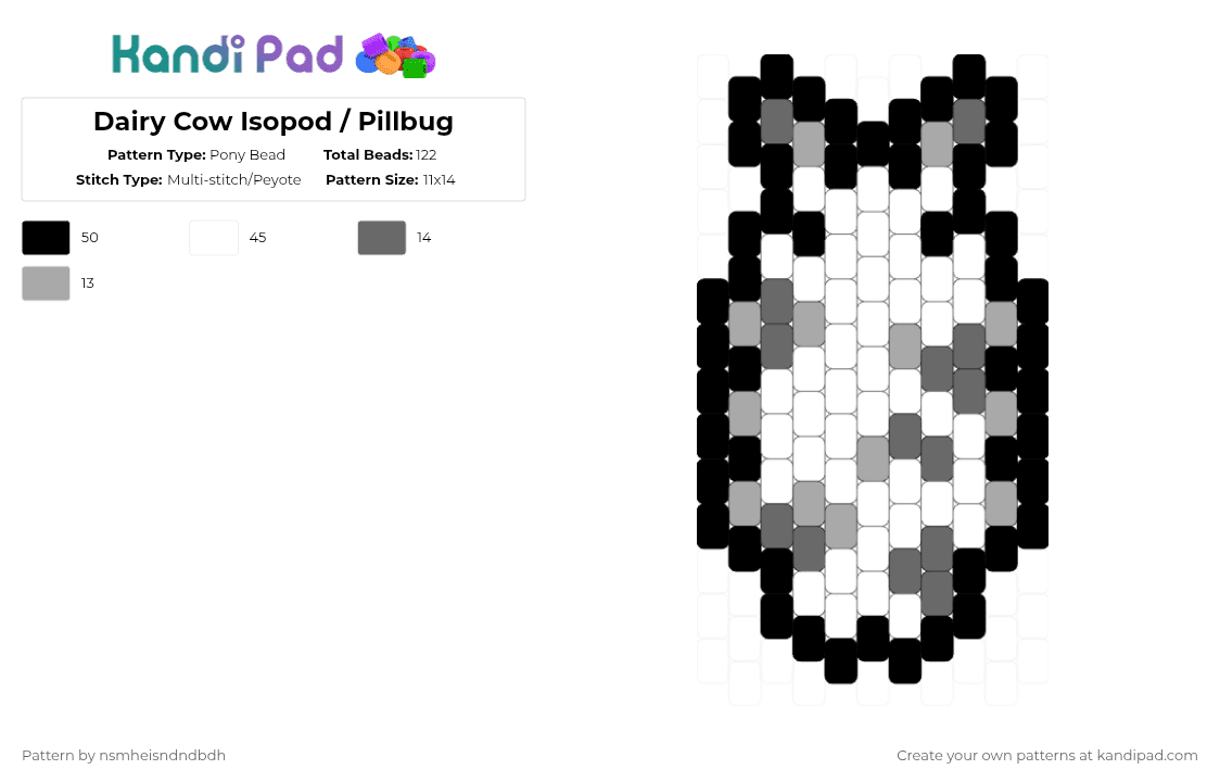 Dairy Cow Isopod / Pillbug - Pony Bead Pattern by nsmheisis on Kandi Pad - white,beige,gray
