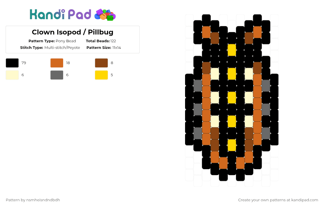 Clown Isopod / Pillbug - Pony Bead Pattern by nsmheisis on Kandi Pad - black,yellow,orange