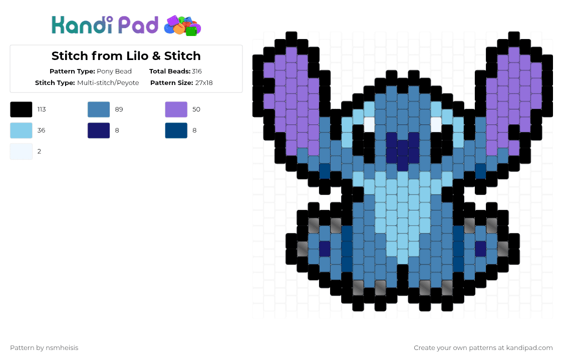 Stitch from Lilo & Stitch - Pony Bead Pattern by nsmheisis on Kandi Pad - blue