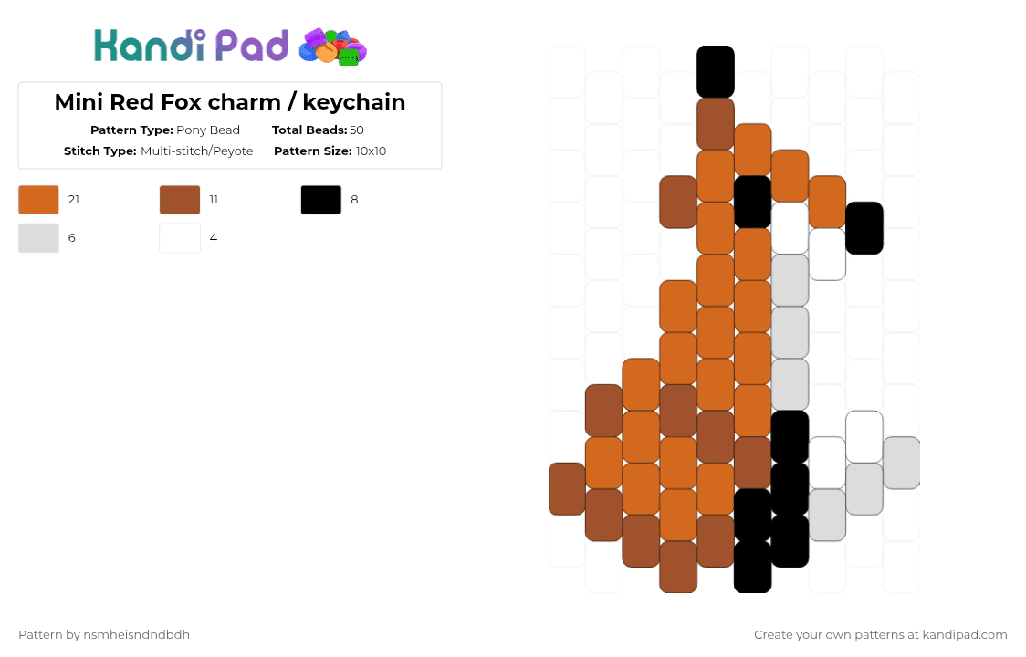 Mini Red Fox charm / keychain - Pony Bead Pattern by nsmheisis on Kandi Pad - orange,red