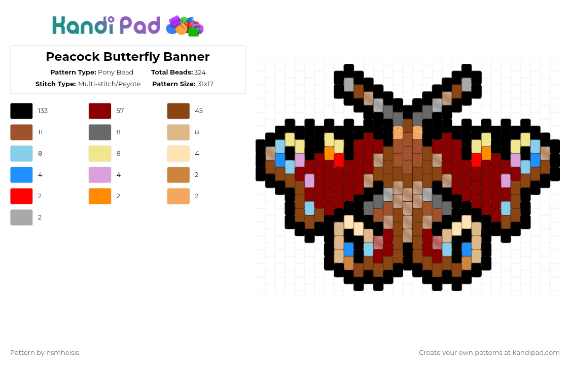 Peacock Butterfly Banner - Pony Bead Pattern by nsmheisis on Kandi Pad - red