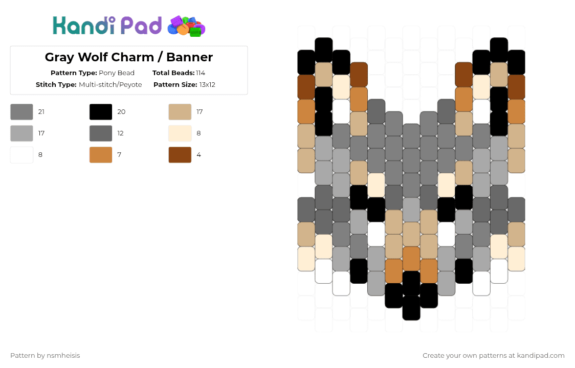 Gray Wolf Charm / Banner - Pony Bead Pattern by nsmheisis on Kandi Pad - beige,gray