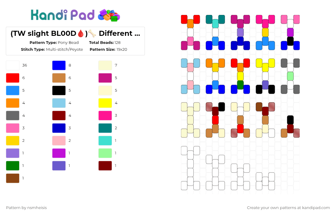 (TW slight BL00D🩸)🦴 Different Kandi Bones 🦴 - Pony Bead Pattern by nsmheisis on Kandi Pad - white,red,light blue,purple,yellow,colorful